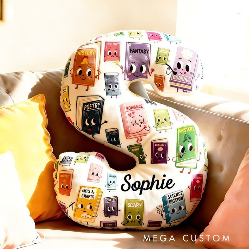 Personalized Book Genres Alphabet Throw Pillow Graphic 3D Cozy Bookish Pillow with Name for Kids Bookworm Librarian Christmas Throw Pillow Bookish Gift