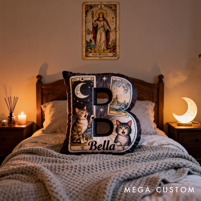 Personalized Magic Cat Tarot Letter Pillow Decorated with Name for Kids Magic Lovers and Pet Lovers