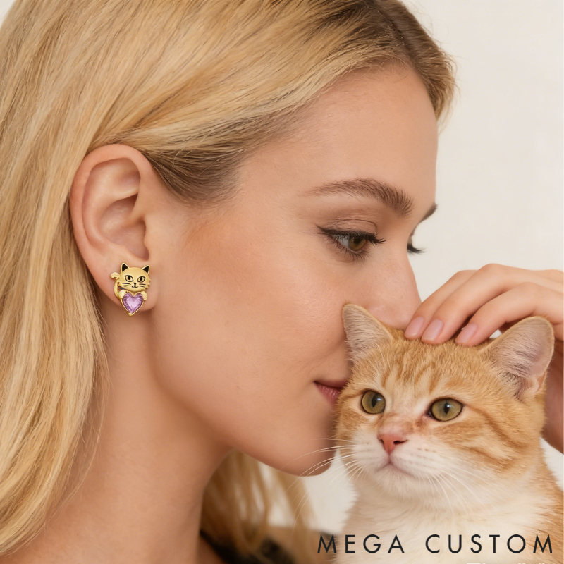 Personalized Heart-Shaped Birthstone Stud Earrings with Cat Motif Sterling Silver Jewelry Gift for Her
