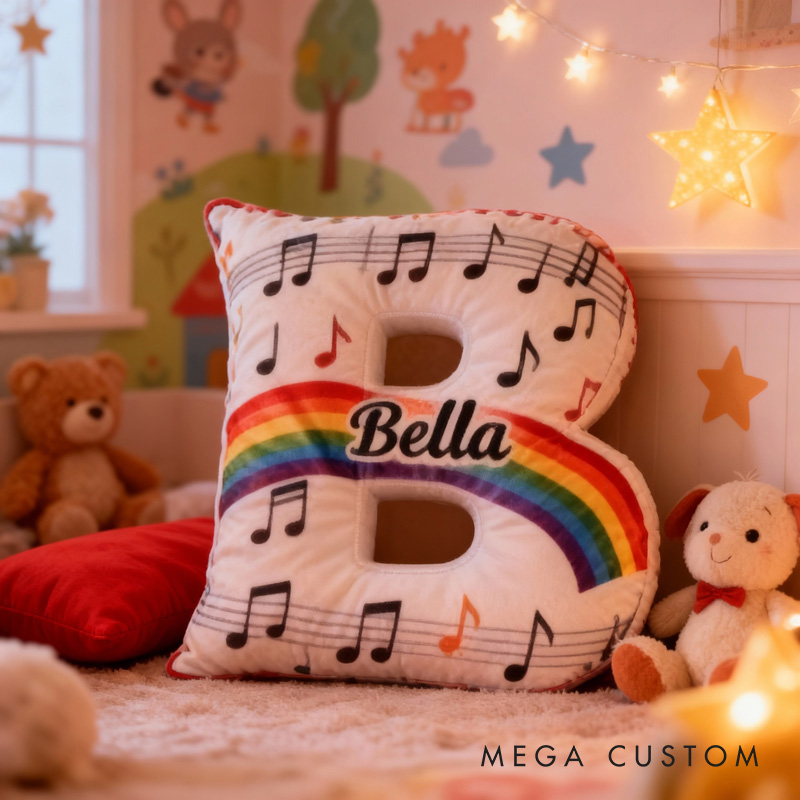 Personalized Rainbow Musical Note Letter Pillow with Name Soft Stuffed Toy for Kids Music Lovers Unique Decorative Cushion for Girls' Room