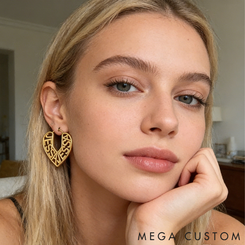 Personalized Custom Name Engraved Heart Outline Dangle Earrings