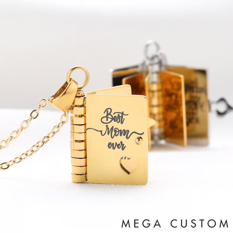 Personalized "Best Mom" ​​Book Necklace - Mini Message Pendant Adjustable Chain Gift for Mom