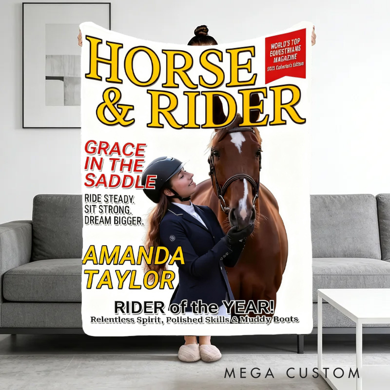 Personalized Custom Photo Magazine Cover Blanket Equestrian Gifts for Riding Lovers Equestrian Lovers