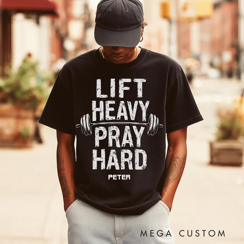 Personalized Lift Heavy Pray Hard T-Shirt Jesus And Gym Lover Shirt Bodybuilder Christian Dad Gift Weightlifter Christian Gym Shirt for Fitness Enthusiasts Bodybuilders and Gym Lovers