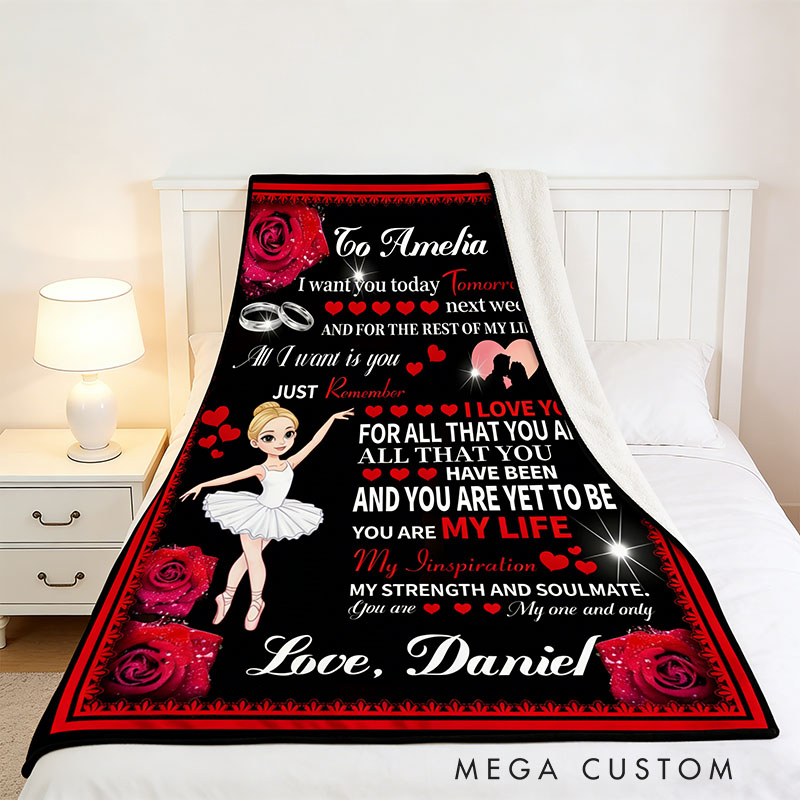 Personalized Rose Heart Cartoon Character Soft Throw Blanket with Name and Photo Valentine's Day Anniversary Gift Gift for Ballet Dancer Family Lover Friends