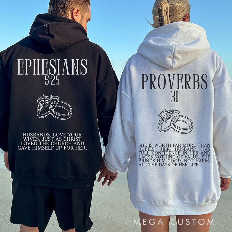 Personalized Christian Bible Verse Couple Classic Hoodies with Custom Name Proverbs 31 EPHESIANS 5:25 Couple Matching Sweatshirt Religious Gift Valentine Day Gift