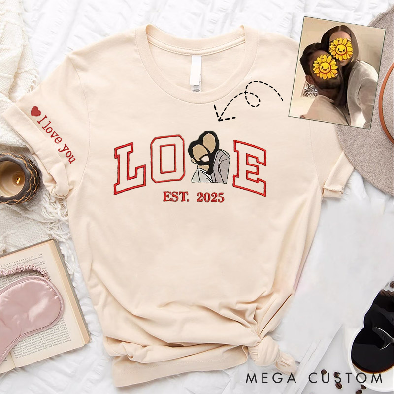 Personalized Couple Embroidered Photo Portrait Matching Sweatshirt Custom Couple Hoodie with Text Anniversary Gift Valentine's Day Gift for Him Her