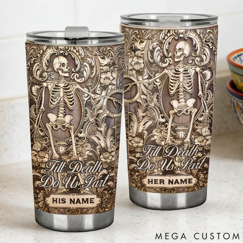 Personalized Till Death Do Us Part Skeleton Couple Tumbler Custom Gothic Couple Tumbler Imitation 3D Print Tumbler for Couple