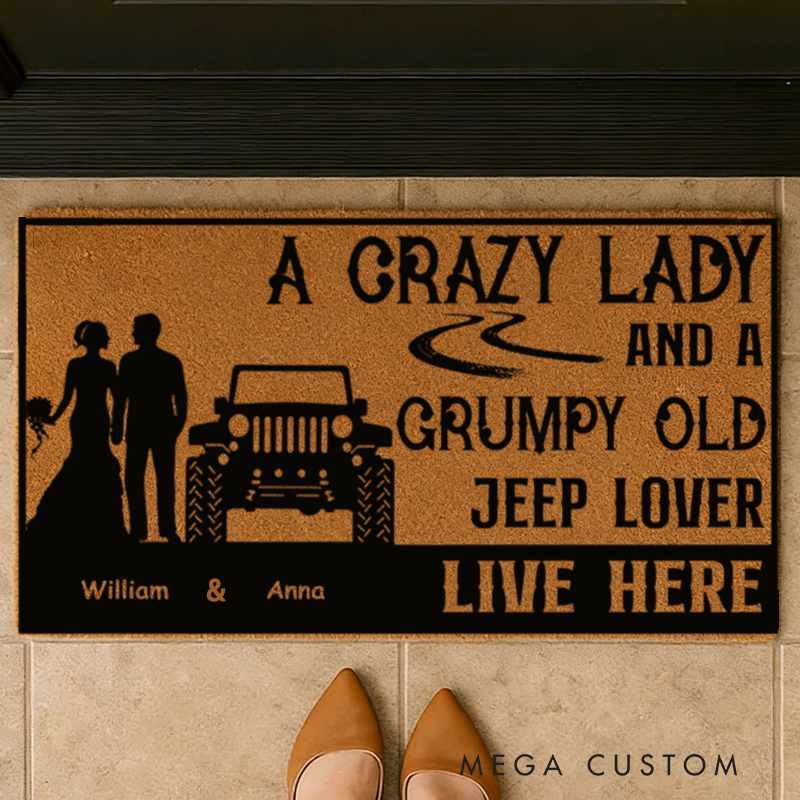 Personalized Couple Jeep Lover Doormat Custom Name Funny Entry Rug Car Enthusiast Welcome Mat Gift For Valentine Family And Offroad Fans