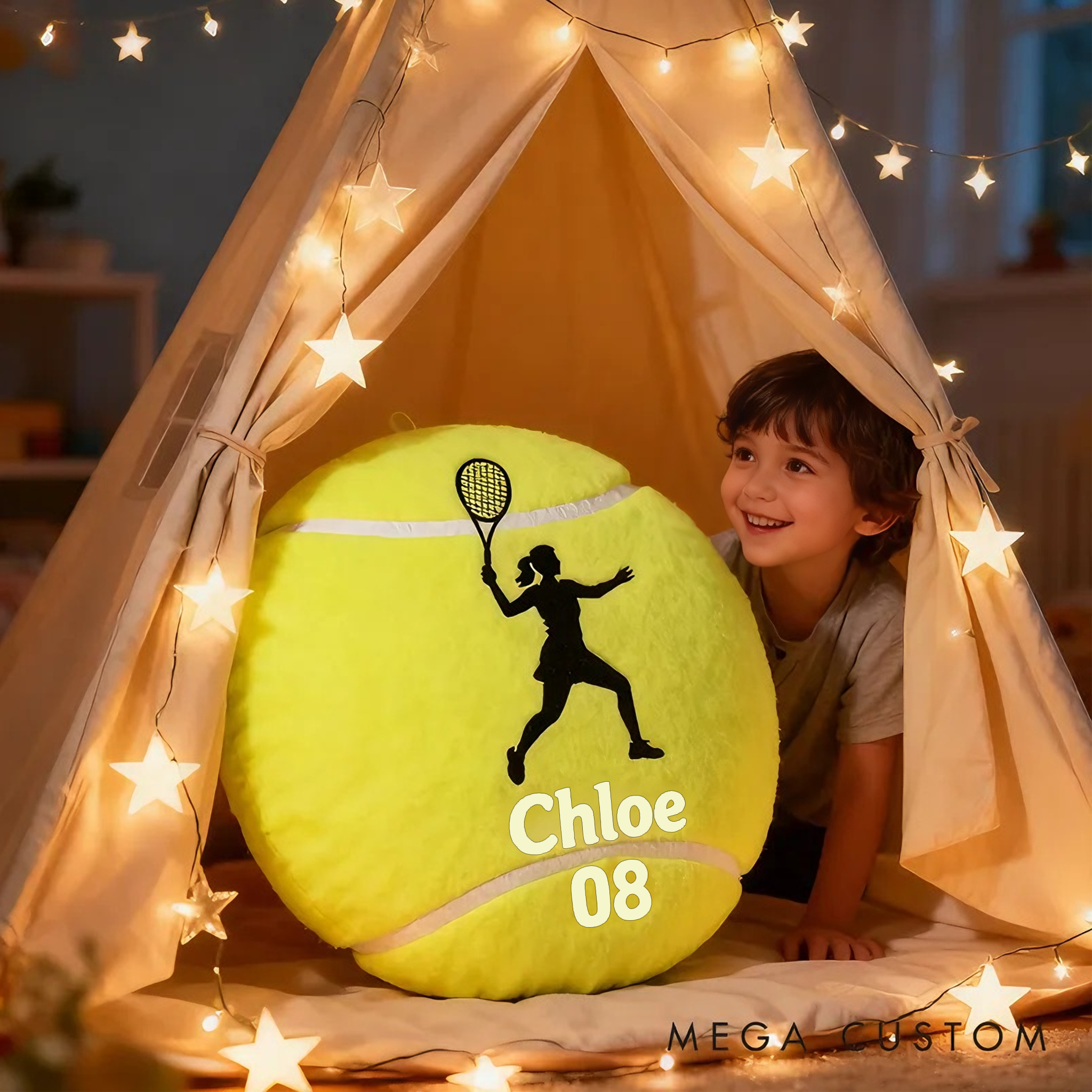 Personalized Tennis Ball Pillow with Player Graphic and Custom Details for Sports Fans