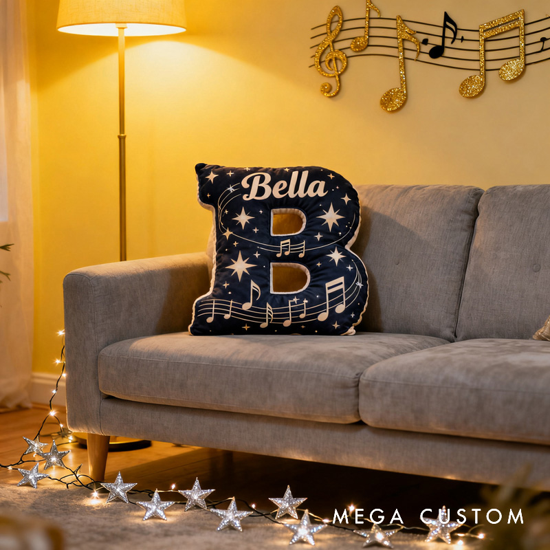 Personalized Starry Sky Sheet Music Letter Pillow with Name Soft Stuffed Toy for Kids Music Lovers Unique Decorative Cushion for Kids' Room
