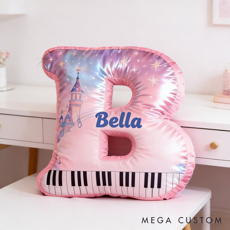 Personalized Castle Piano Letter Pillow with Name Soft Stuffed Toy for Kids Music Lovers Unique Decorative Cushion for Girls' Room