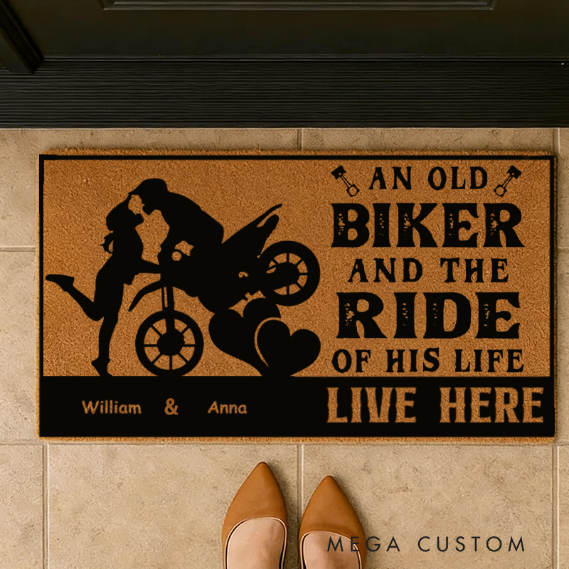 Personalized Couple Biker Doormat Custom Name Motorcycle Lover Entry Rug Funny Welcome Mat Gift For Rider Family And Motorbike Enthusiasts