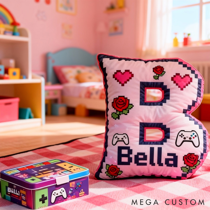 Personalized Heart Game Controller Pixels Letter Pillow with Name Perfect Gift for Gamers and Kids for Valentine's Day Anniversary birthday