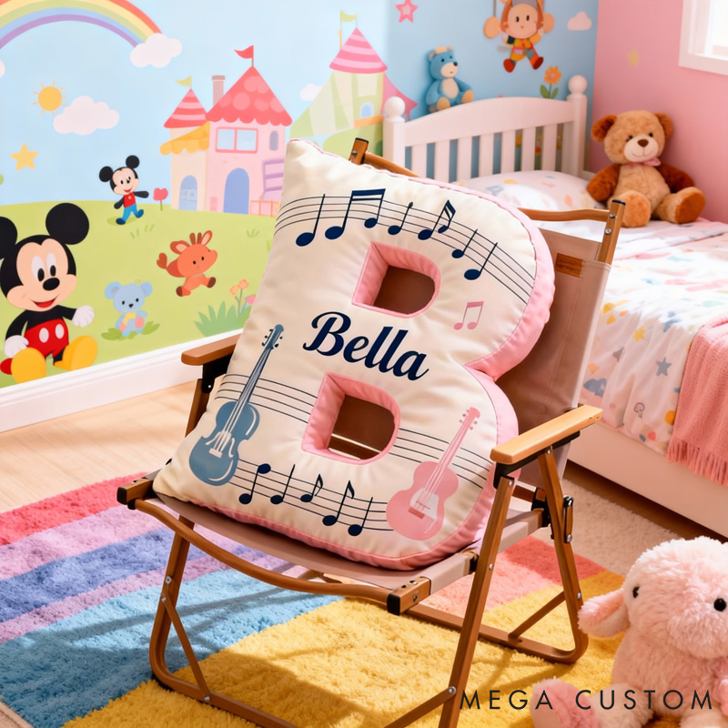 Personalized Colored Guitar Sheet Music Letter Pillow with Name Soft Stuffed Toy for Kids Music Lovers Unique Decorative Cushion for Girls' Room