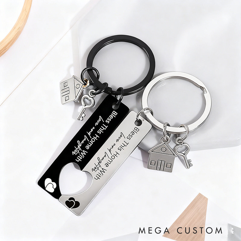 Personalized Home Key Couples Keychain Set 2pc Engraved Custom Initials Practical Housewarming Gift