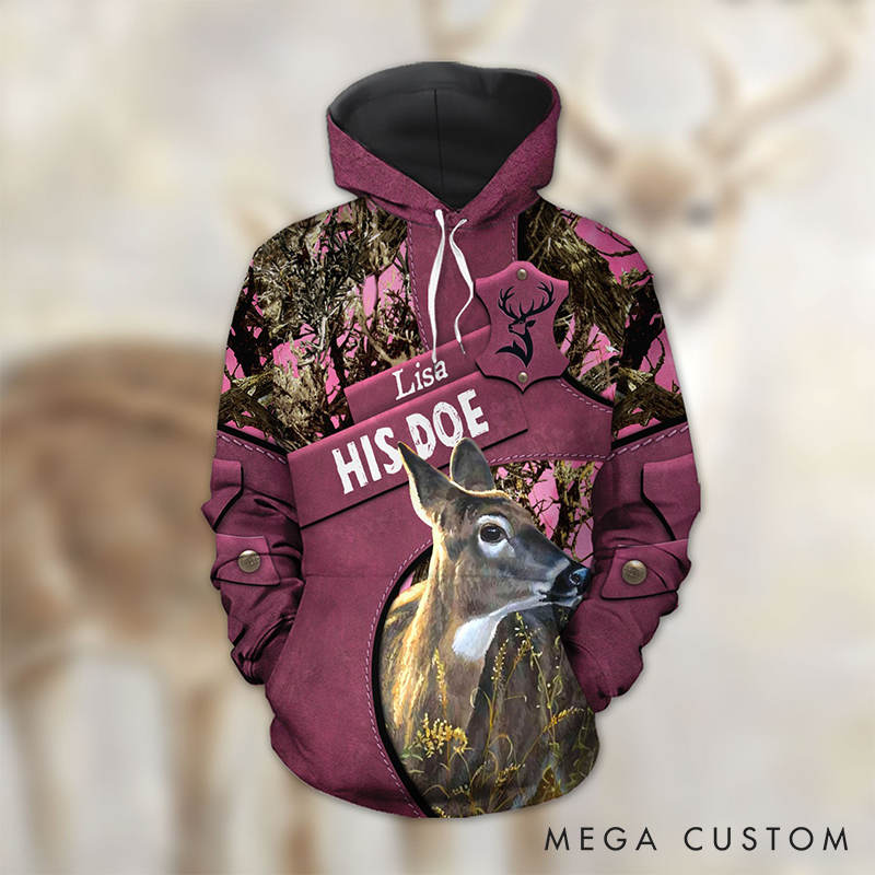 Personalized Couple Matching 3D Hoodie Her Buck His Doe Hoodie Custom Name Couple Gift Valentine's Day Gift For Couple
