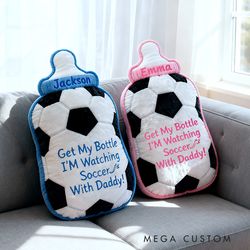 Personalized Soccer Bottle Name Custom Baby Gift Blue Pink Fun Sports Watching Soccer With Daddy Soft Decorative Graphic 3D Print Pillow