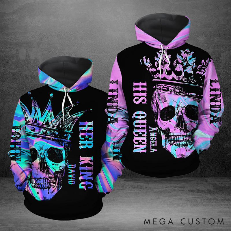 Personalized Skull Color Beauty King And Queen Matching 3D Hoodie Custom Name All Over Print Valentine Gift for Couple 