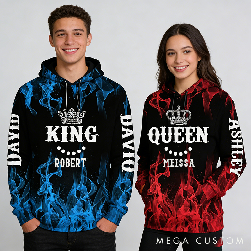 Personalized King And Queen Matching 3D Hoodie For Couple Custom Name All Over Print Hoodie Valentine Gift Couple 