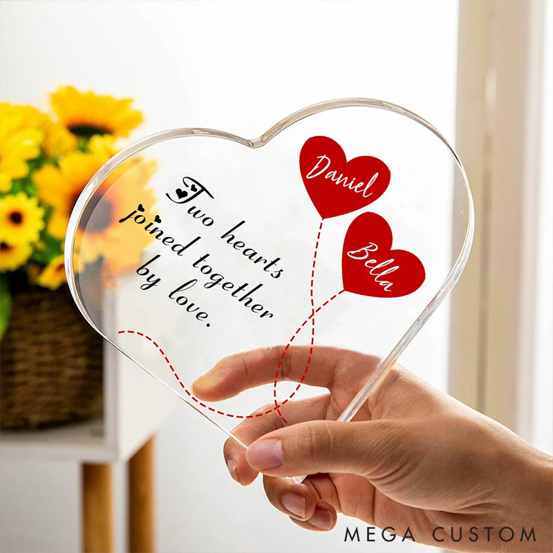 Personalized Couple Two Hearts Joined Together By Loves Heart Shaped Acrylic Plaque with Name Valentines Day Gift for Wife Husband for Couple
