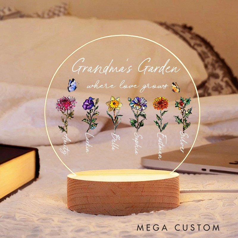 Personalized Grandma‘s Garden Birth Month Flowers LED Night Light Mothers Day Gift For Grandma Home Decor Gift for Grandma Birthday Gifts