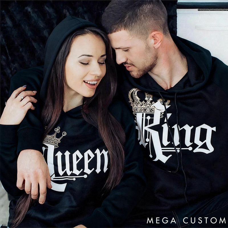 Personalized Couple Royal King and Queen with Crown Matching Hoodie Custom Couple Sweatshirt with Name Anniversary Valentine's Day Gift for Him Her