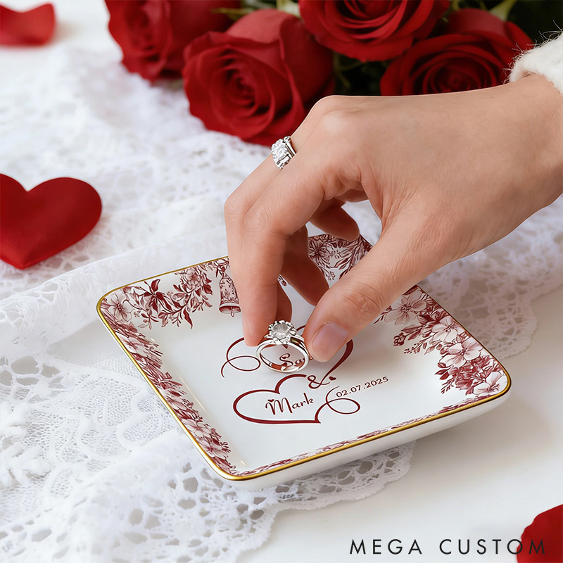 Personalized Heart Flower Ceramic Trinket Jewelry Dish with Name and Date Toile De Jouy Ring Dish Valentine's Gift for Wife Anniversary Gift for Girlfriend