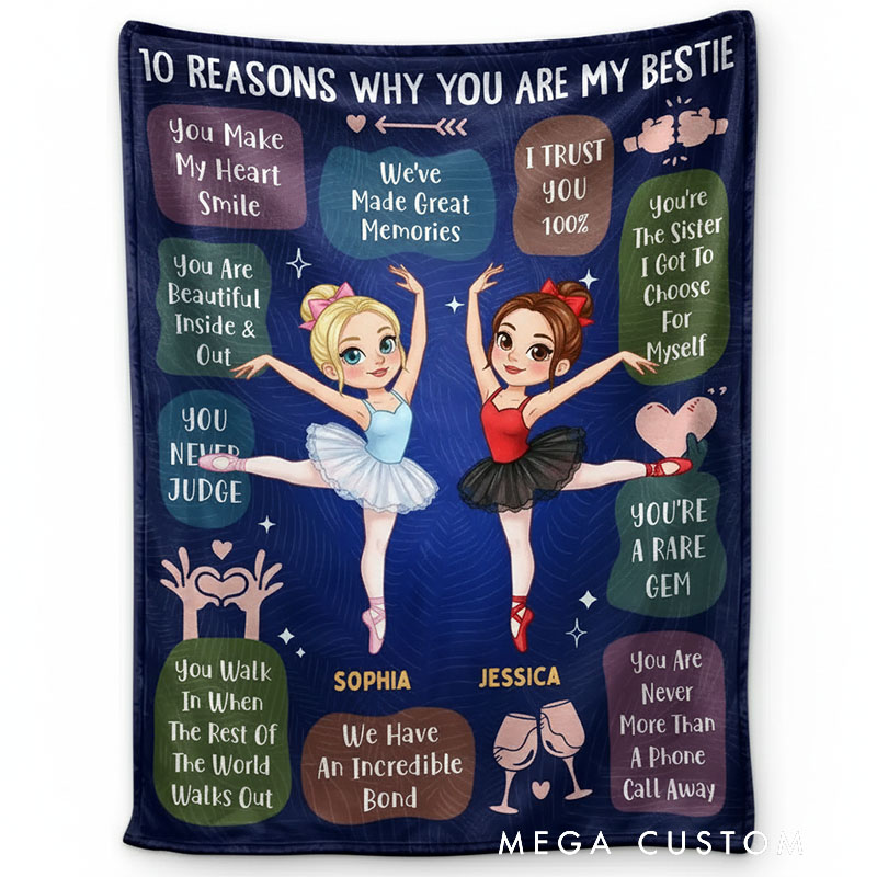 Personalized Cartoon Sister Blanket '10 Reasons Why You're My Bestie' Custom Photo and Name Gift for Family Friends Dancer