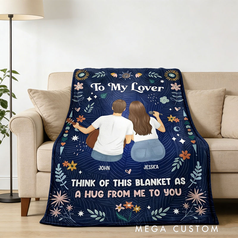 Personalized Cartoon Lover Blanket 'A Hug From Me To You' Custom Photo and Name Gift for Couple Familys Friends Music Lovers for Valentine's Day Anniversary