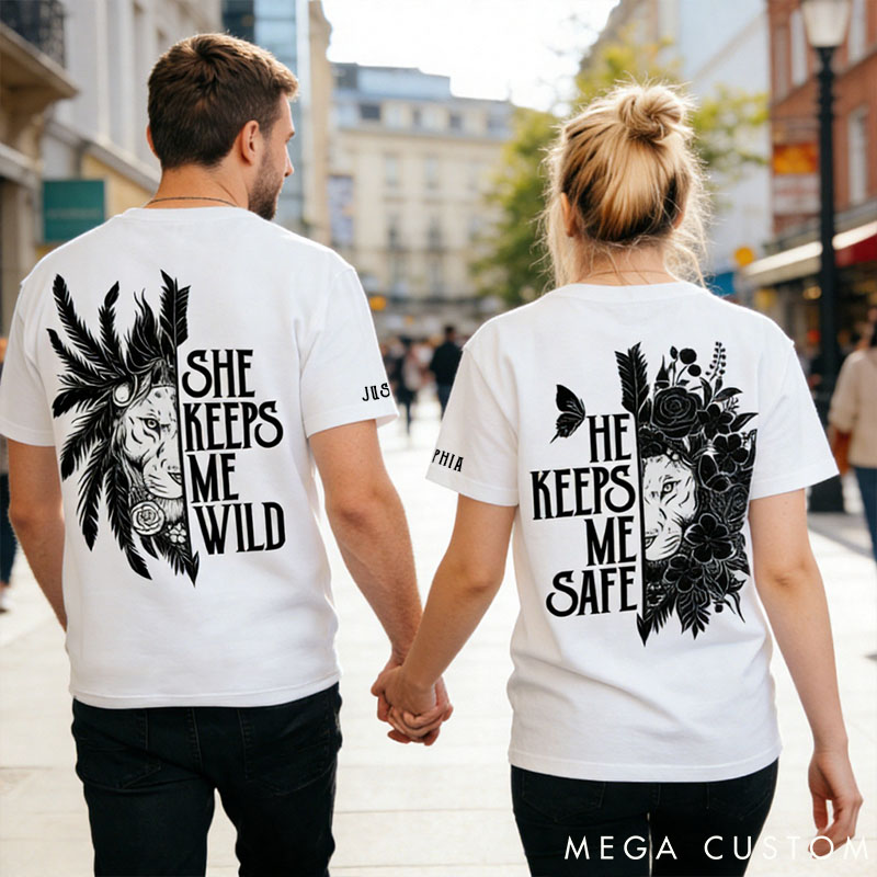 Personalized Couple She Keeps Me Wild and He Keeps Me Safe Matching T-Shirts Custom Couple Shirts Tee with Name Anniversary Gift Valentine's Day Gift