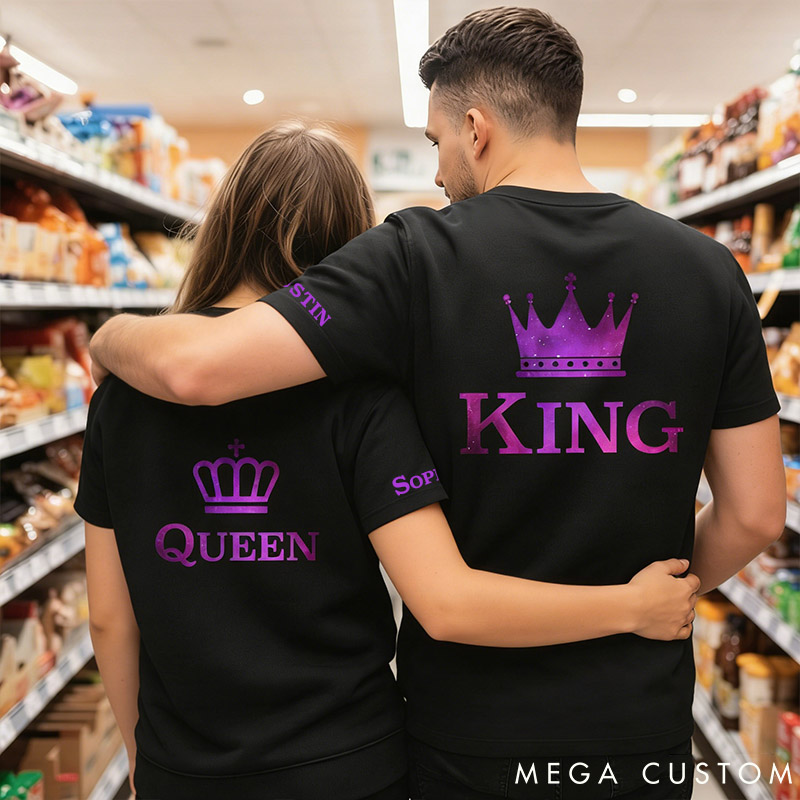 Personalized Couple Purple King and Queen with Crown Matching T-Shirts Custom Couple Shirts Tee with Name Anniversary Gift Valentine's Day Gift