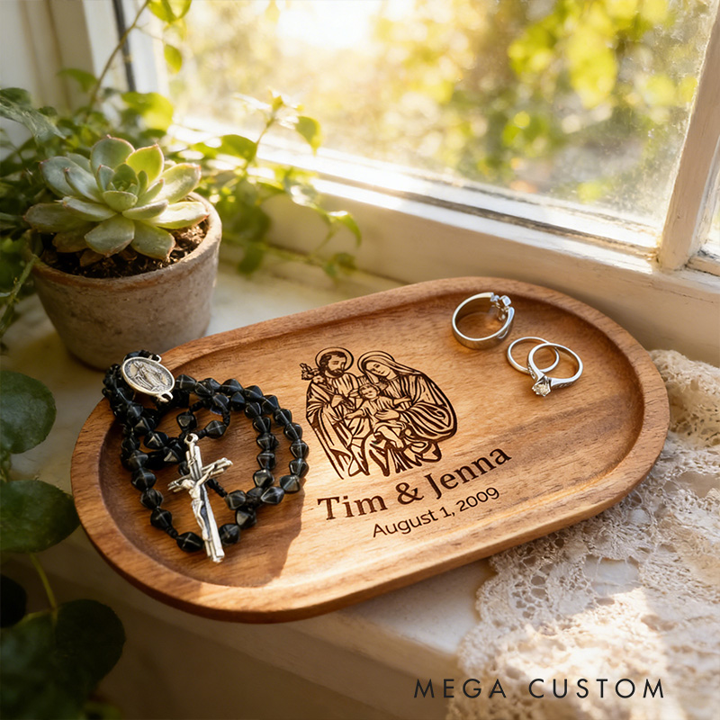 Personalized Holy Family Wooden Rosary Tray Jewelry Holder with Custom Name and Date Religious Gift Anniversary Wedding Gift Catholic Gift