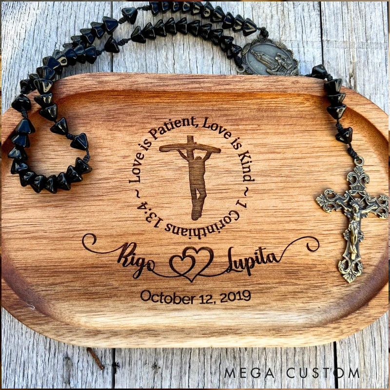 Personalized Love is Patient Wooden Rosary Tray Jewelry Holder with Custom Name and Date Religious Gift Anniversary Wedding Gift Catholic Gift