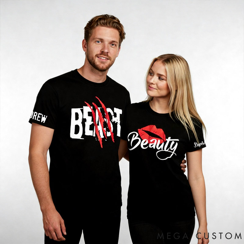 Personalized Couple Beast with Claw and Beauty with Kiss Matching T-Shirts Custom Couple Shirts Tee with Name Anniversary Gift Valentine's Day Gift