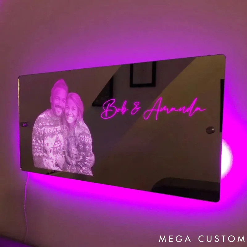 Personalized Couple Photo with Name Mirror LED Light Custom Couple Portrait Mirror Light Anniversary Gift Valentines Day Gift for Him Her