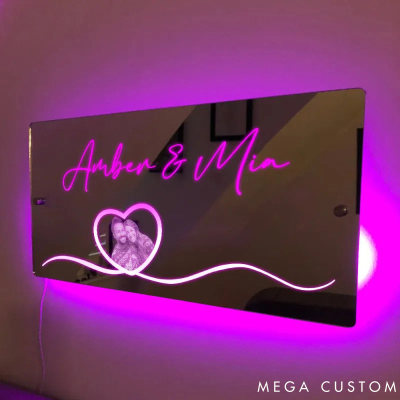 Personalized Couple Photo Heart Mirror LED Light with Name Custom Couple Portrait Mirror Light Anniversary Gift Valentines Day Gift for Him Her