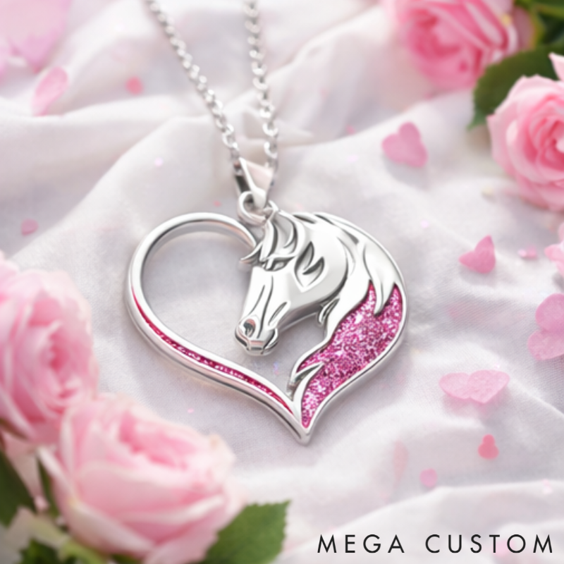 Personalized Horse Head Heart Pendant Necklace Custom Name Unique Holiday Gift for Couples