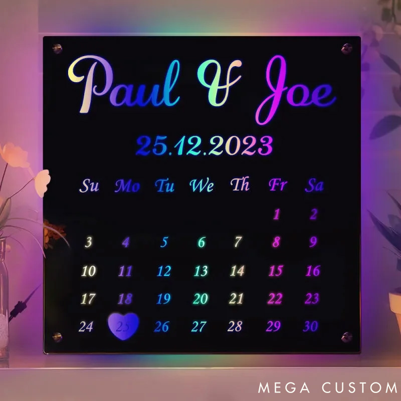 Personalized Couple Date Calendar Mirror LED Light with Name Custom Couple Newlyweds Mirror Light Anniversary Gift Valentines Day Gift for Him Her