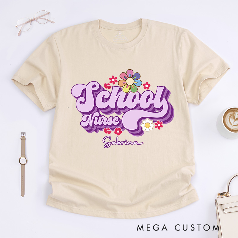 Personalized Nurse T-Shirts School Nurse Blossoms of Care Fashion Design T-Shirts