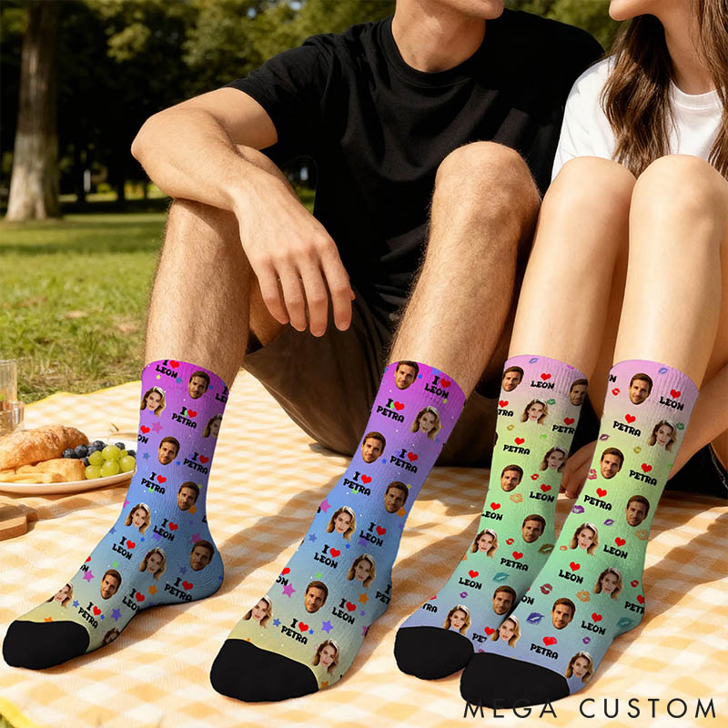 Personalized Couple 1-4 Face Photos Multicolor Socks Custom Girlfriend Boyfriend Portrait Socks Valentines Day Gift for Him Her Anniversary Gift
