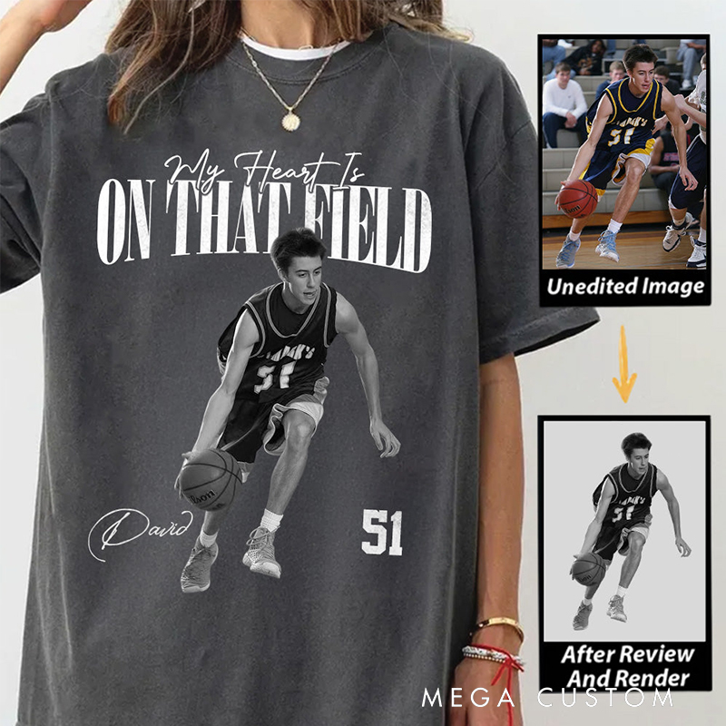 Personalized "My Heart Is on That Field" Washed T-Shirt with Custom Basketball Player Photo and Detail For Sport Fans