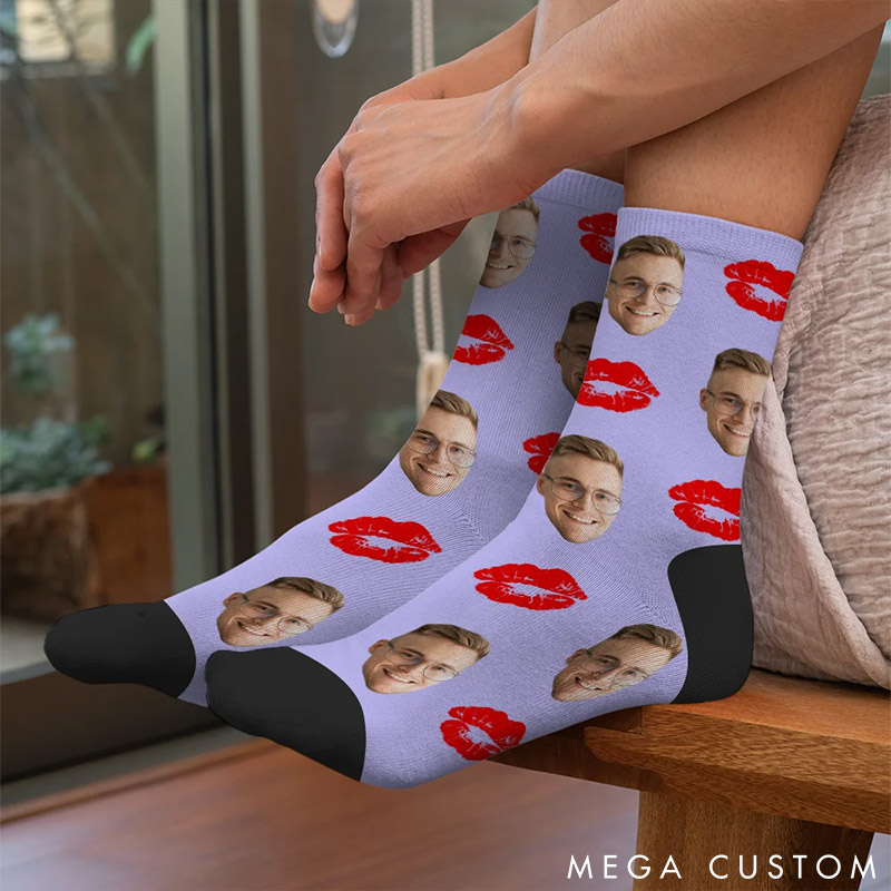 Personalized Couple Photo Portrait Red Lip Print Socks Custom Girlfriend Boyfriend Portrait Socks Valentines Day Gift for Him Her Anniversary Gift