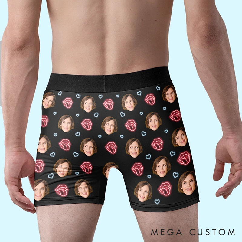 Personalized Girlfriend Wife Face Neon-style I Licked It So It’s Mine Boxer Briefs Men Underwear with Woman Face Photo Valentines Day Gift for Him