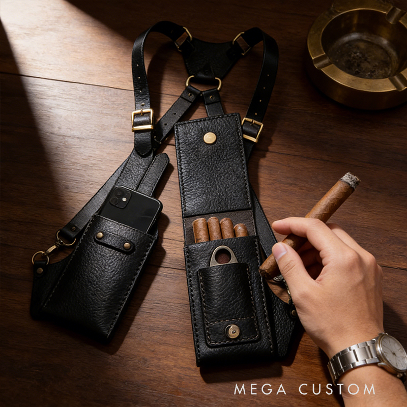 Leather Cigar & Phone Chest Rig – Adjustable Shoulder Harness with Cigar Holder, Cutter Pocket & Phone Pouch