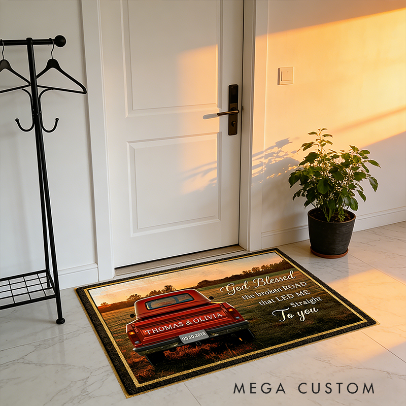 Personalized Couple Gifts Custom Truck Door Mat with Names Vintage Pickup Entry Doormat for Home Decor