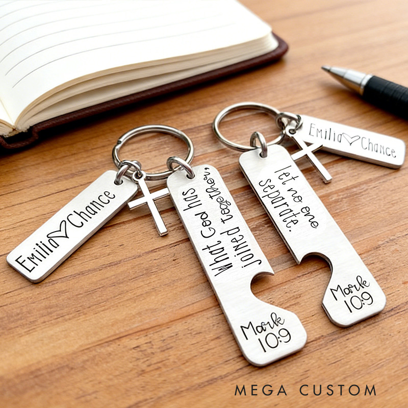 Personalized What God has Joined Together Let no One Separate Mark 10:9 Couple Keychain Set with Name Religious Gift Valentines Gift for Couple
