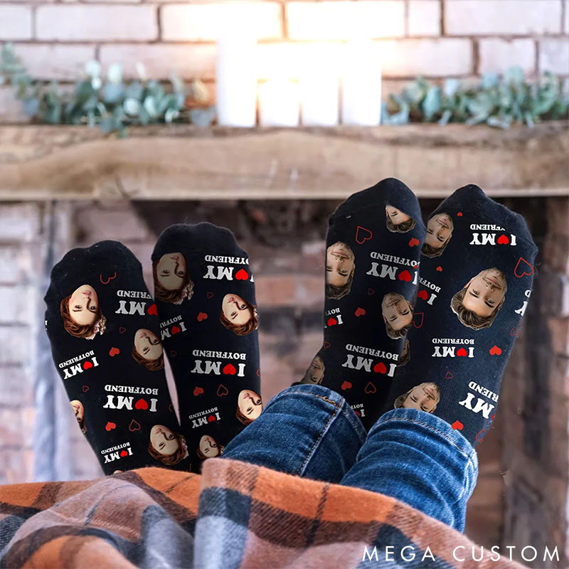 Personalized Couple Multicolor Face Photo Socks Custom I Love My Girlfriend Boyfriend Portrait Socks Valentines Day Gift for Him Her Anniversary Gift
