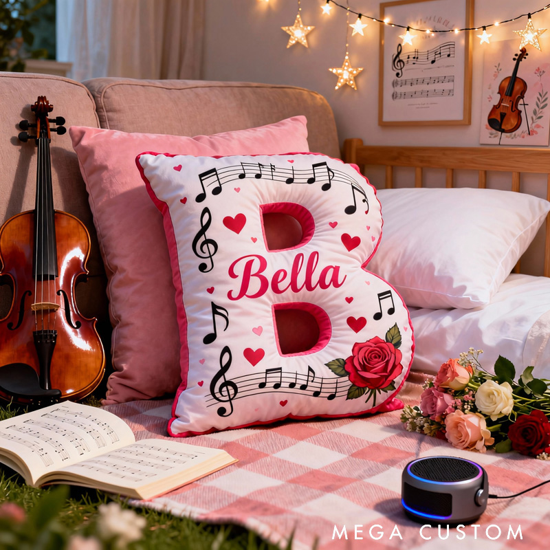 Personalized Rose Heart Sheet Music Letter Pillow with Name Soft Stuffed Toy for Kids Lover Music Lovers for Valentine's Day Anniversary Confession