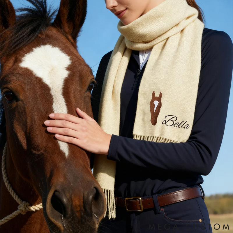 Personalized Pet Lover Pet Embroidered Horse Face Silhouette Soft Warm Scarf Shawl with Name Birthday Gift for Couple
